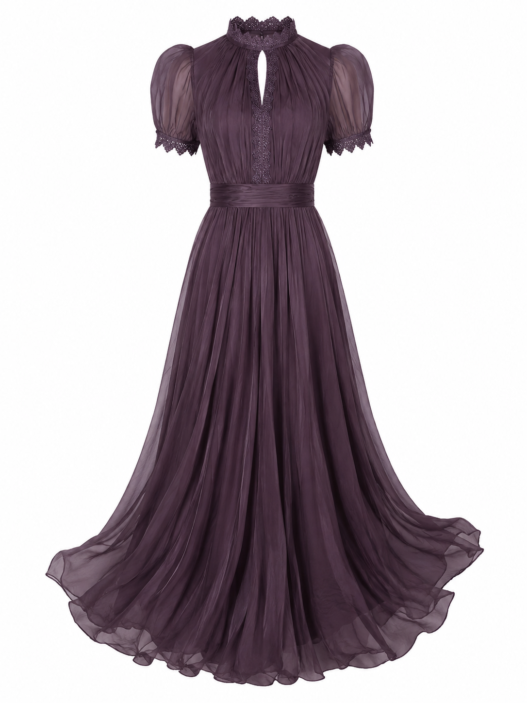 Amparo |  Vestido largo morado con escote en forma de llave y ribete de encaje de gasa