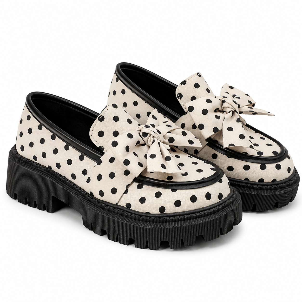 Amber | Mocasines de mujer con suela plana, estampado de lunares y lazo