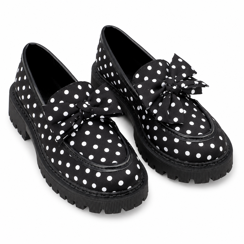 Amber | Mocasines de mujer con suela plana, estampado de lunares y lazo