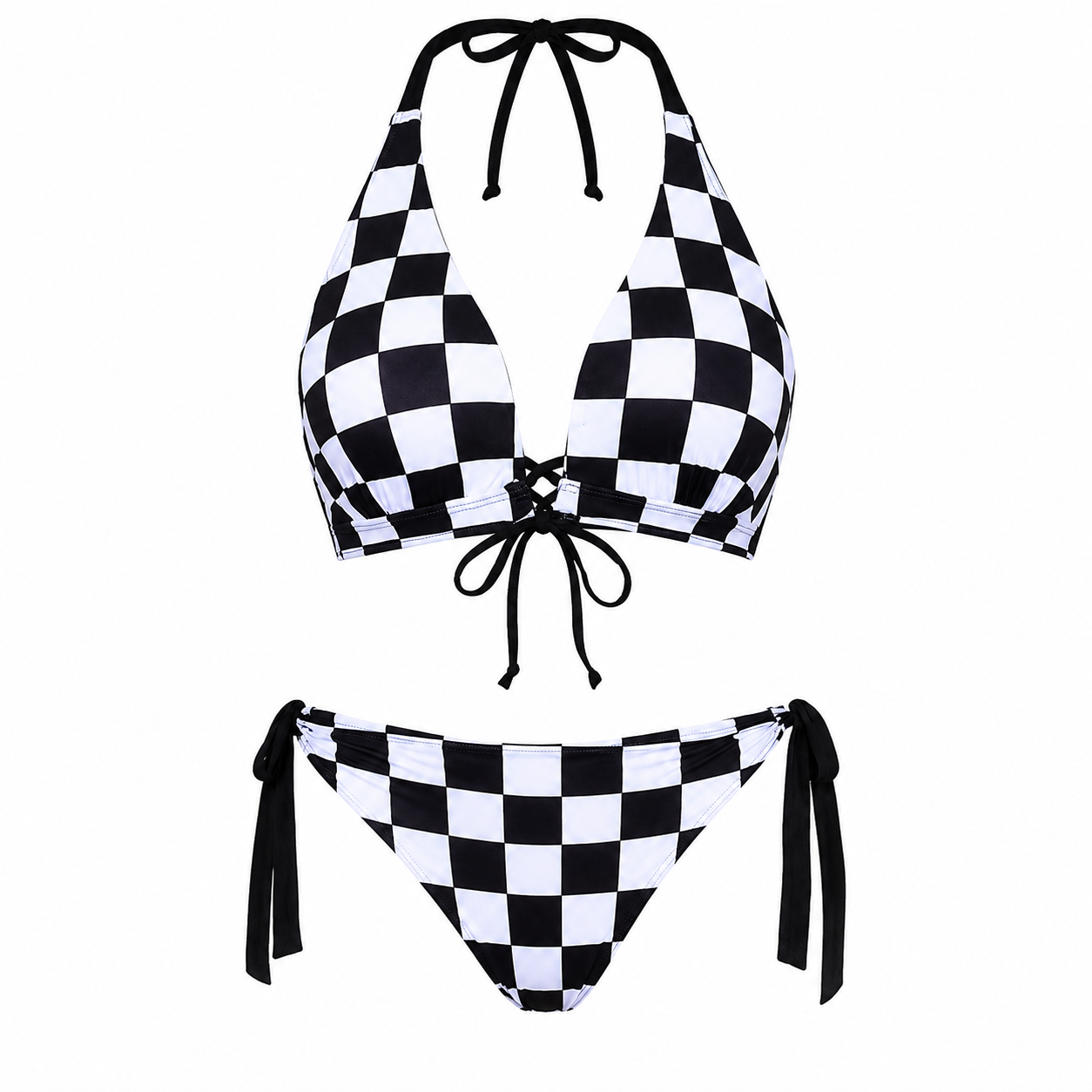 Coral | Bikini Triangular de Cuadros con Amarres Ajustables