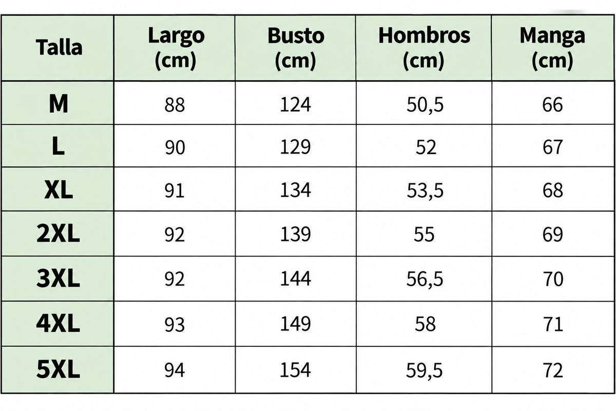 Olec Chamarra Militar Ligera size chart