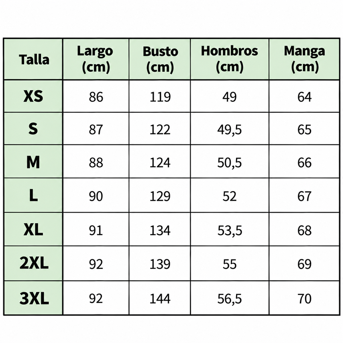 Lias |  Chamarra Urbana size chart