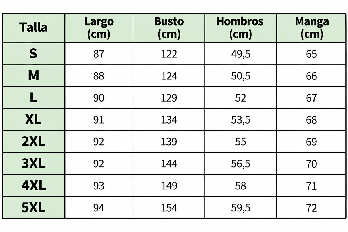 Nilson Chamarra Militar M-65 size chart